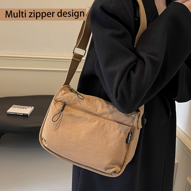 Multi Pockets Cross-body Bag, Nylon Shoulder Bag, Versatile Square Bag for Travel, Daily, Adjustable shoulder straps, anti-theft zipper pocket on the back, solid color, Minimally Designed Multi Layered Khaki Shoulder Bag, Black, Green