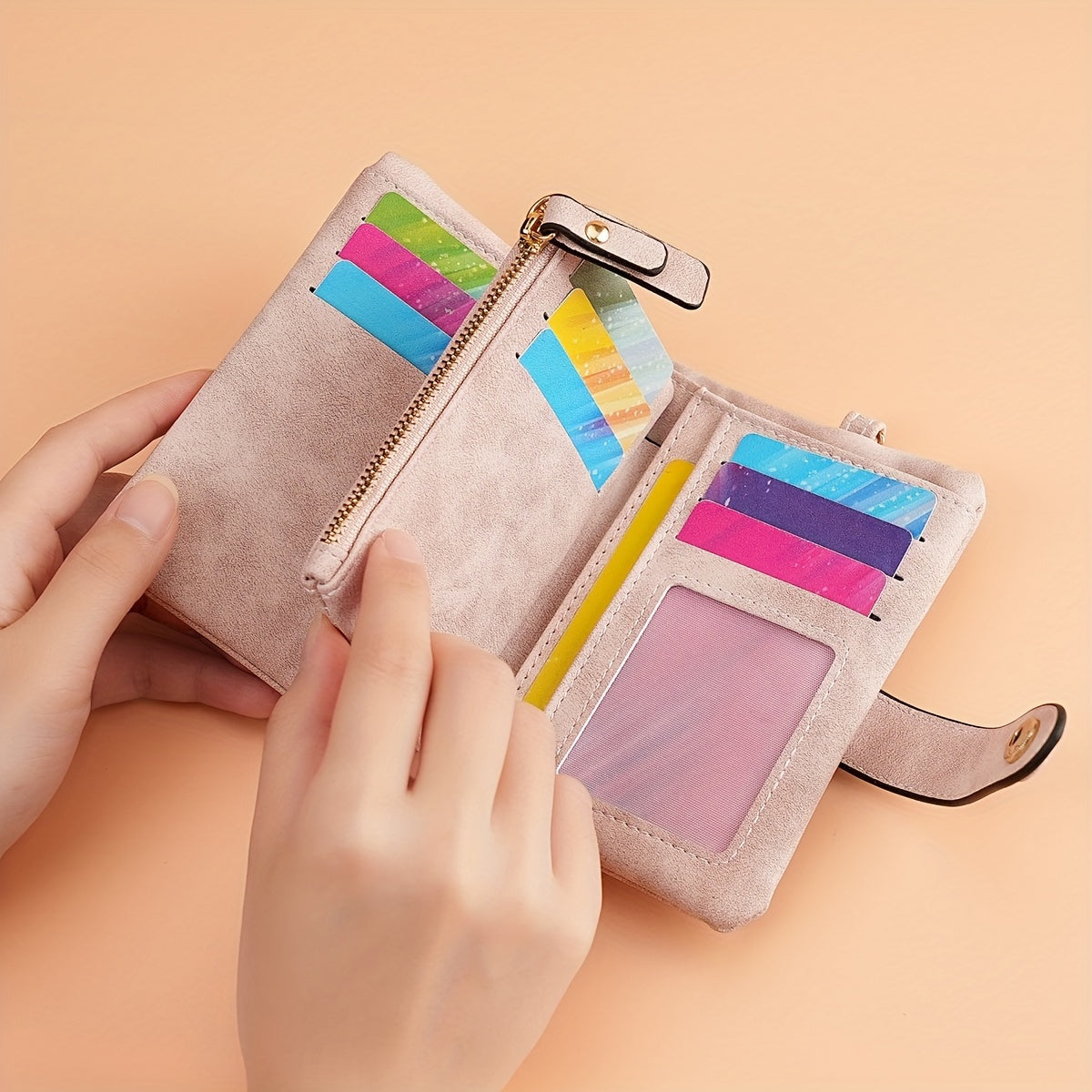 1pc CARRKEN Women's Vintage Matte Pink Wallet - Tri-Fold Design with Snap Closure, Zipper Pocket & Wrist Strap - Compact Credit Card Holder Organizer, Everyday Use or Gift for Her, Stylish Accessory | Durable Stitching, Cute Wallet