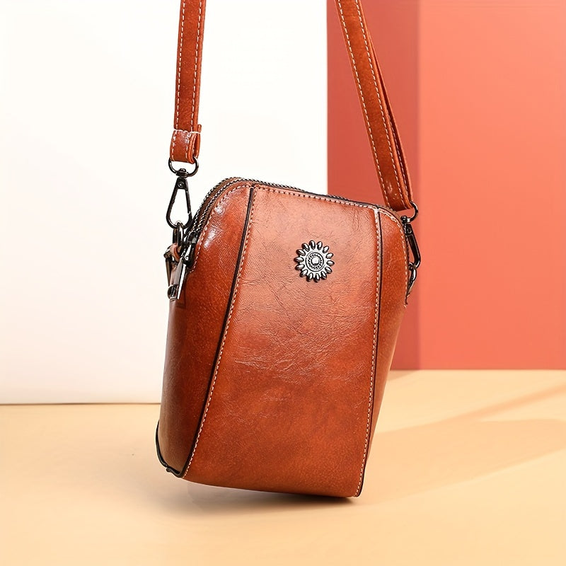 1pc of Retro Solid Color PU Hardware Decoration Multi-Compartment Simple Messenger Bag Mobile Phone Bag Wallet Suitable for Women'S Daily Use