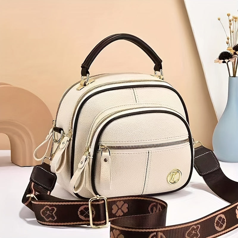 1pc Fashionable Round Crossbody Bag for Women, Multi-Layer Large Capacity, Solid Color Shoulder Handbag with Zipper Closure and Polyester Lining, Versatile 2024 New Arrival