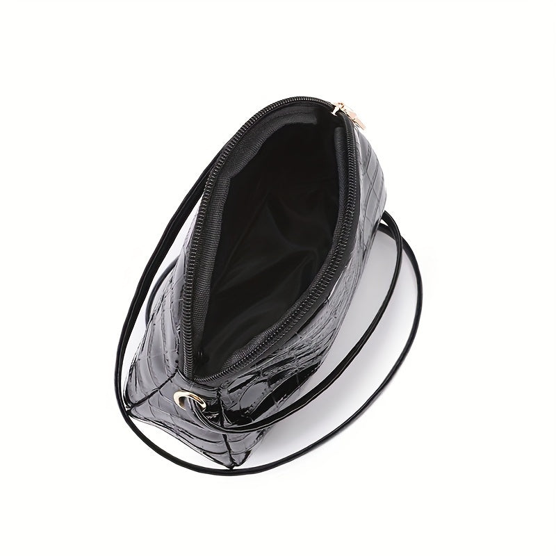 Women'S Glam Mini Crossbody Bag, Shell Pattern, Solid Color, Lightweight with Adjustable Strap, Zipper Closure, Polyester Lined, Edge Paint Detail, No Printing - Black