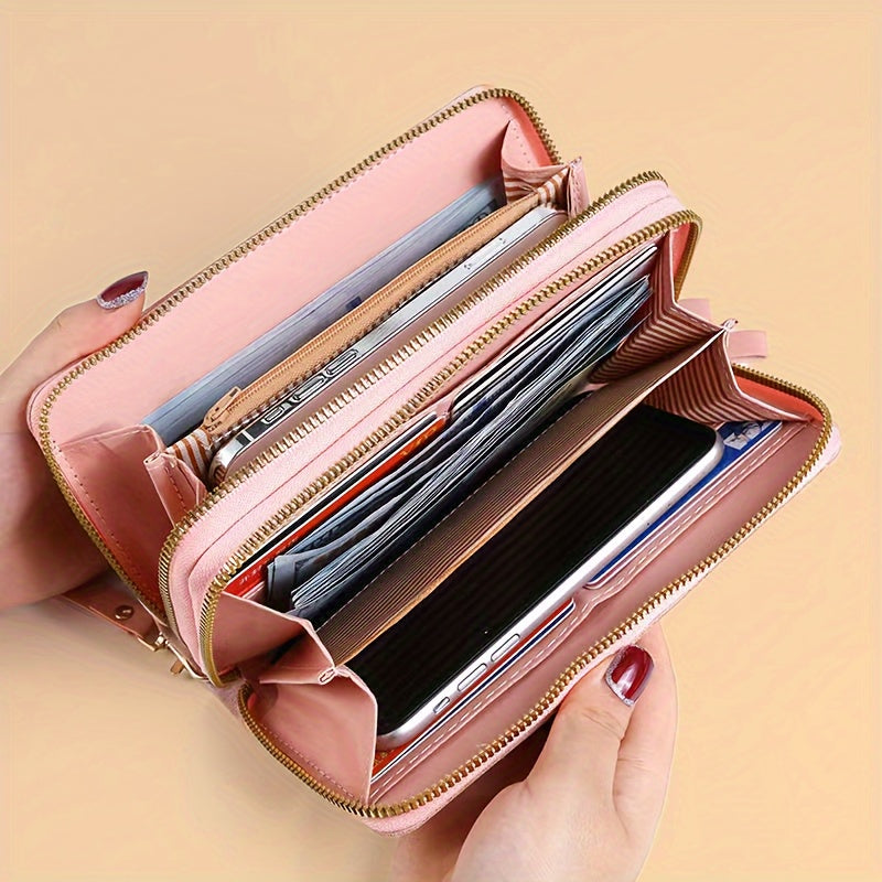 2023 Chic Black Diamond-Quilted Long Wallet with Wrist Strap, Double Zipper Closure, Large Capacity Phone Pocket & Multiple Card Slots - Synthetic Leather