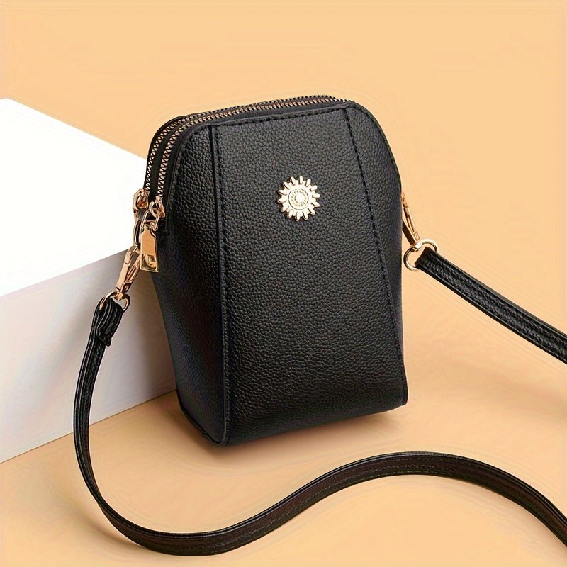 1pc of Retro Solid Color PU Hardware Decoration Multi-Compartment Simple Messenger Bag Mobile Phone Bag Wallet Suitable for Women'S Daily Use