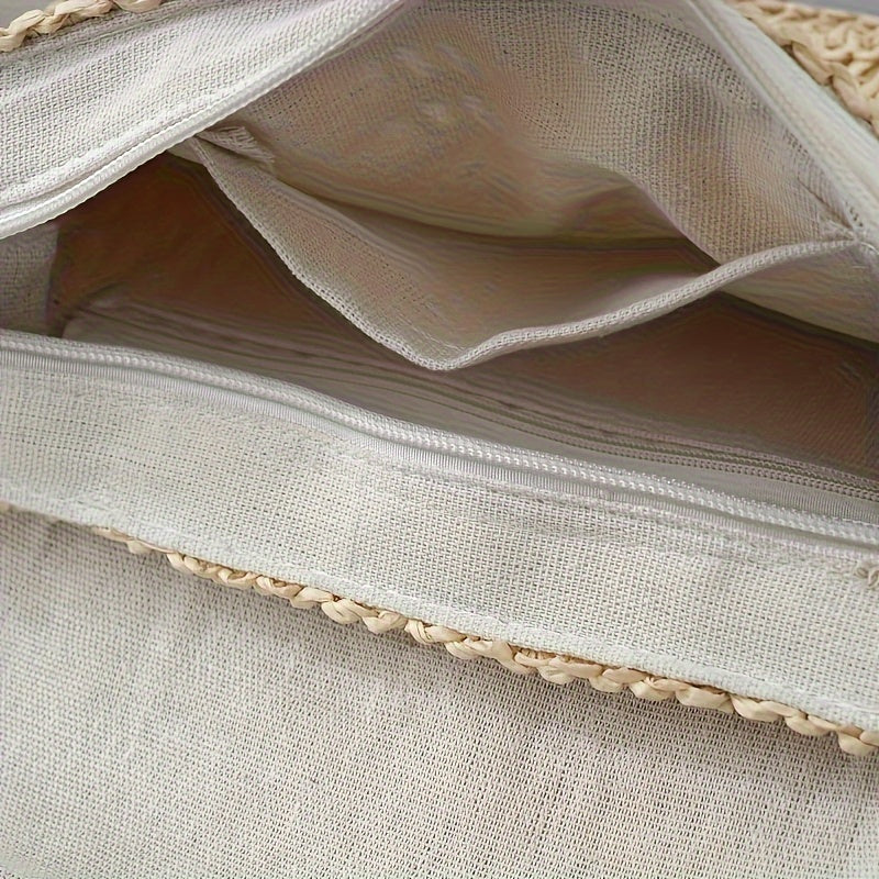 2024 Vintage Woven Crossbody Bag for Women - Braided Fabric Beach Bag with -Like Accents, Casual Summer Travel Bag in Deep Brown &, Polyester Lining & Easy-Access Zipper
