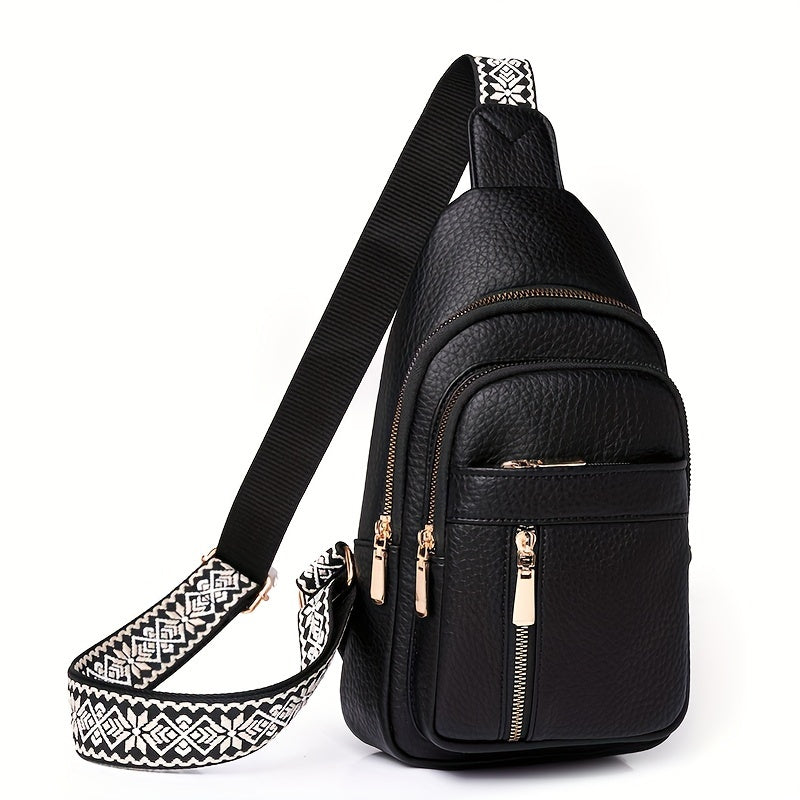 1pc, Women's Retro Casual Chest Bag, Crossbody Sling Shoulder Purse, Multiple Pockets, Solid Color, Zipper Closure, Fashionable Spacious Occasion Bag, PU Material