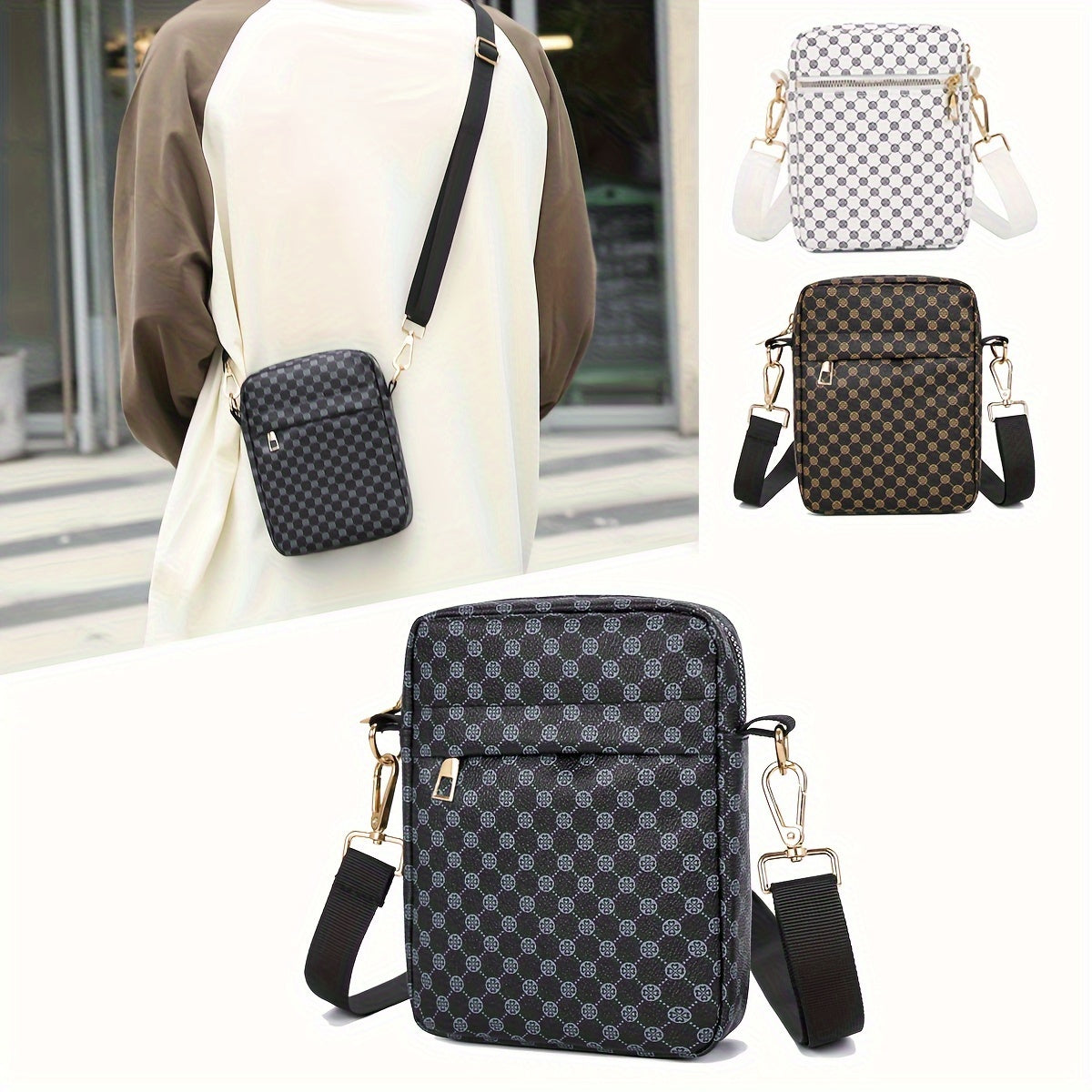 1pc Men's Mini Checkered Print PU Square Bag - Portable Crossbody Bag - For School, Work, Shopping, Travel - Suitable for Men - Perfect Gift for Students & Professionals
