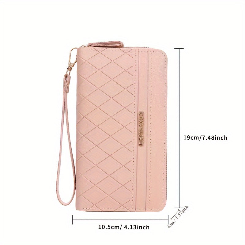 2023 Chic Black Diamond-Quilted Long Wallet with Wrist Strap, Double Zipper Closure, Large Capacity Phone Pocket & Multiple Card Slots - Synthetic Leather
