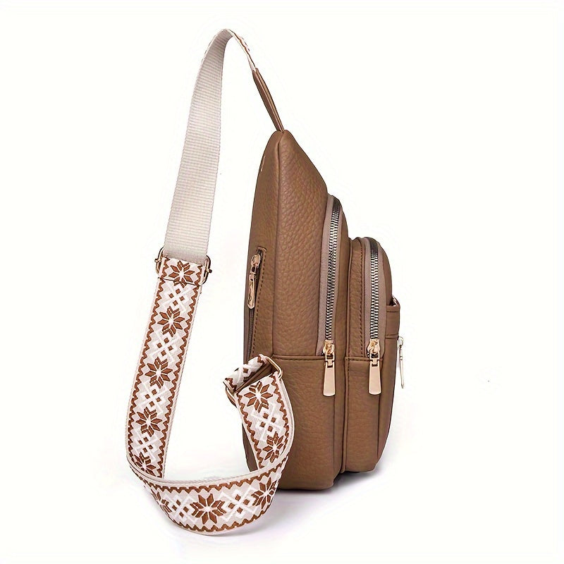1pc, Women's Retro Casual Chest Bag, Crossbody Sling Shoulder Purse, Multiple Pockets, Solid Color, Zipper Closure, Fashionable Spacious Occasion Bag, PU Material