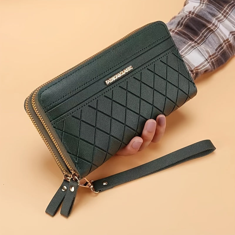 2023 Chic Black Diamond-Quilted Long Wallet with Wrist Strap, Double Zipper Closure, Large Capacity Phone Pocket & Multiple Card Slots - Synthetic Leather