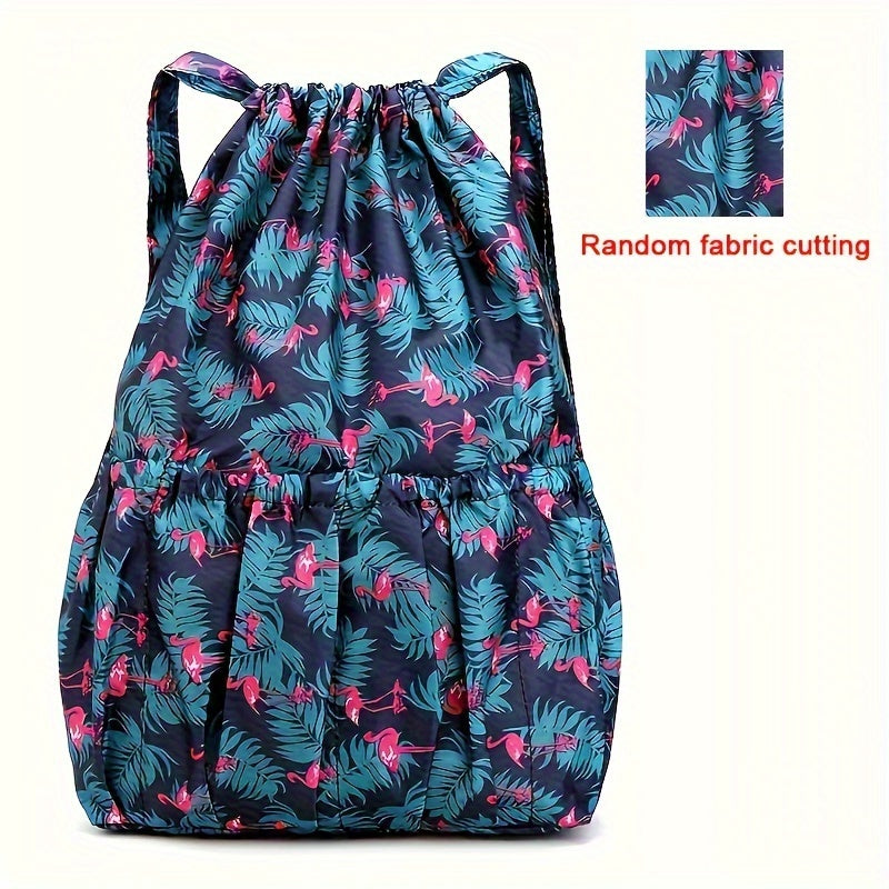 1pc Floral Print Nylon Drawstring Backpack - Lightweight Travel & Sports Rucksack with Shoulder Straps, Vibrant Geometric Design, Multiple Compartments for Women, Pink, Travel Backpack