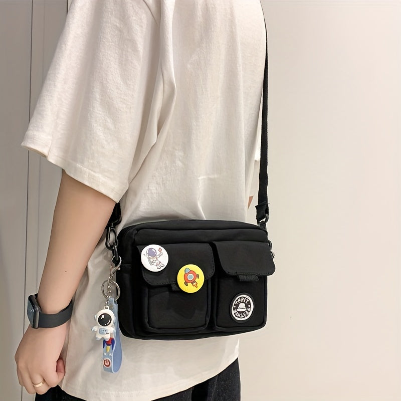 1pc Stylish Men's Campus Square Crossbody Bag - Shoulder Bags with Nylon Fabric, Fashion Badge, and Pendant - Perfect for Daily Use