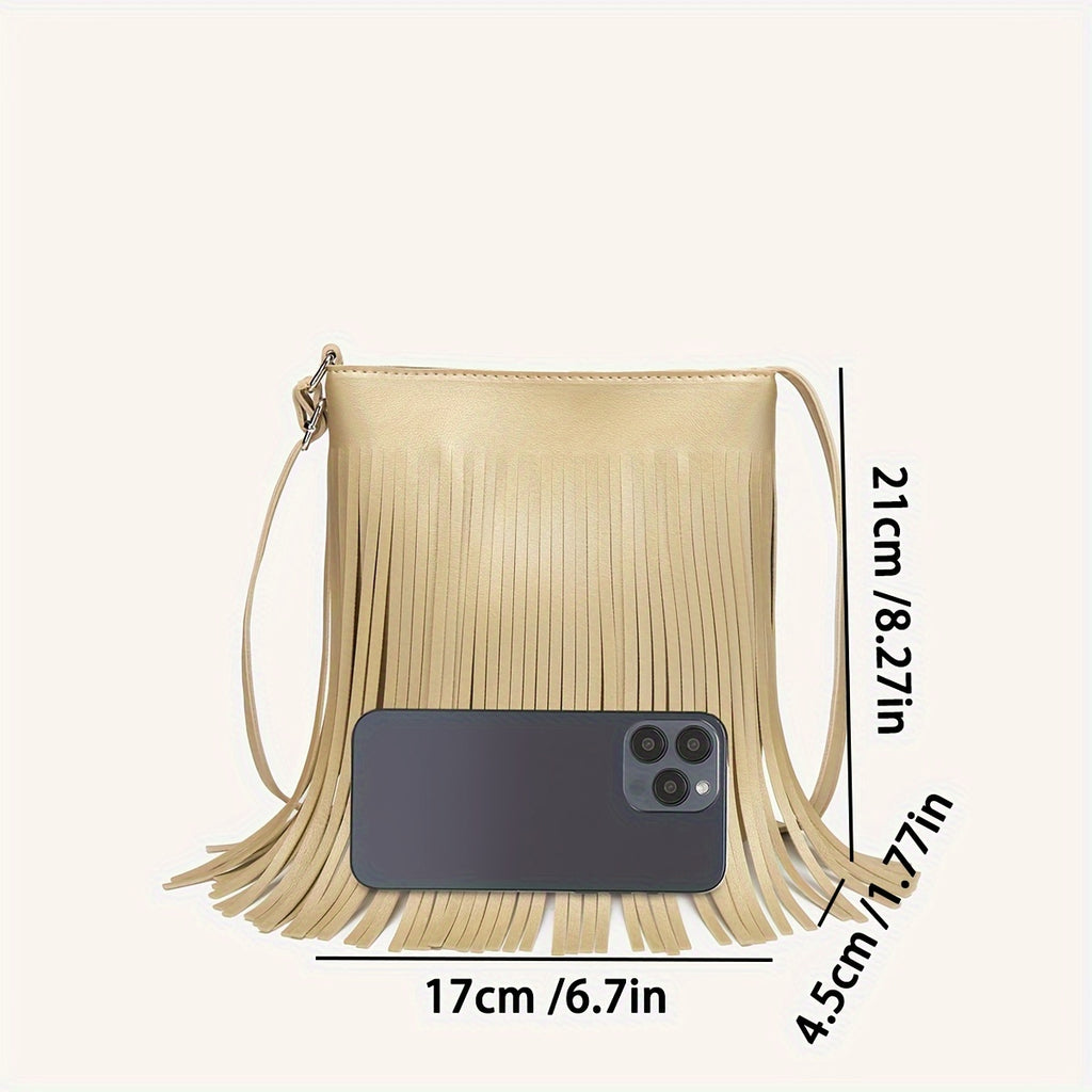 1 Women's Vintage Tassel Vertical Bucket Bag, Bohemian Crossbody Phone Bag with Fringe, Shoulder Bag, Ideal Gift Choice