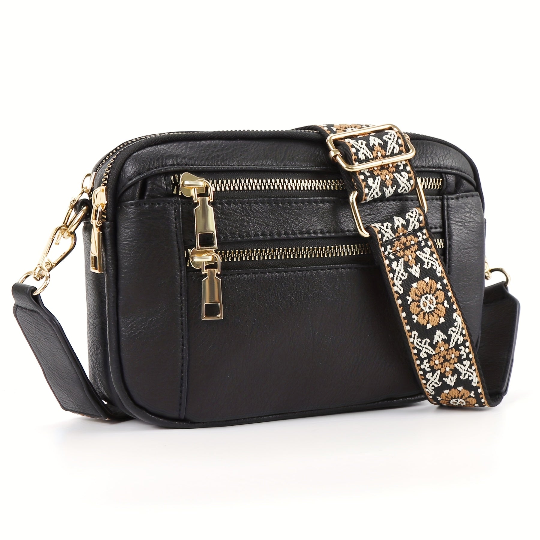 1pc Bohemian Style Women'S Casual Crossbody Bag - Trendy PU Vegan Shoulder Purse with Retro Adjustable Strap, Lightweight & Spacious Commuter Bag, Brown with Floral Pattern, Zipper Closure, Everyday Shoulder Bag | Bohemian Fashion | Lightweight Bag