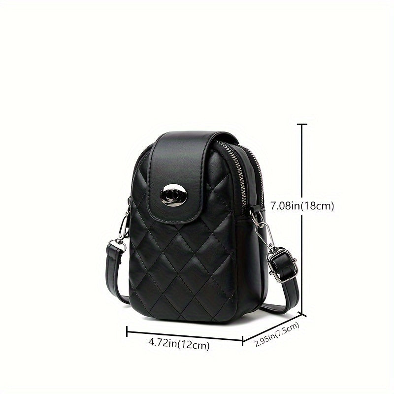 Stylish Black Quilted Crossbody Phone Bag with Anti-Theft Design, Detachable Strap & Multiple Compartments for Women, Phone Purse