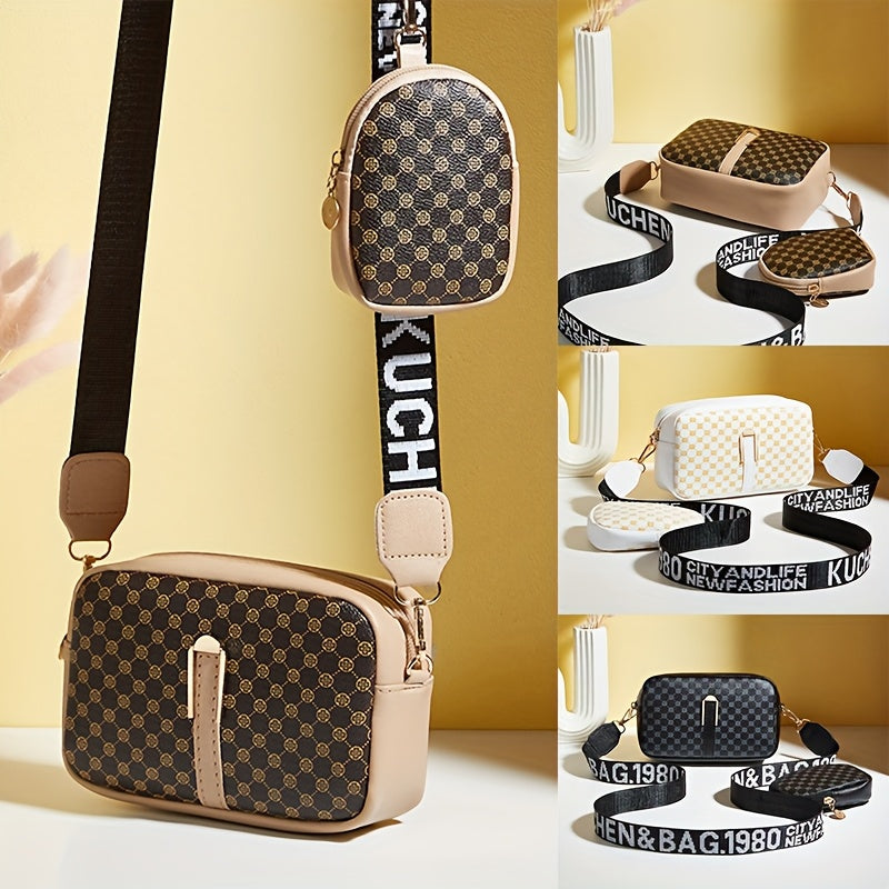 2024 Winter New Women's Fashion Printed 2pcs Set Women's Bag Fashion Casual Retro Commuting Plaid Crossbody Single Shoulder Small Square Bag