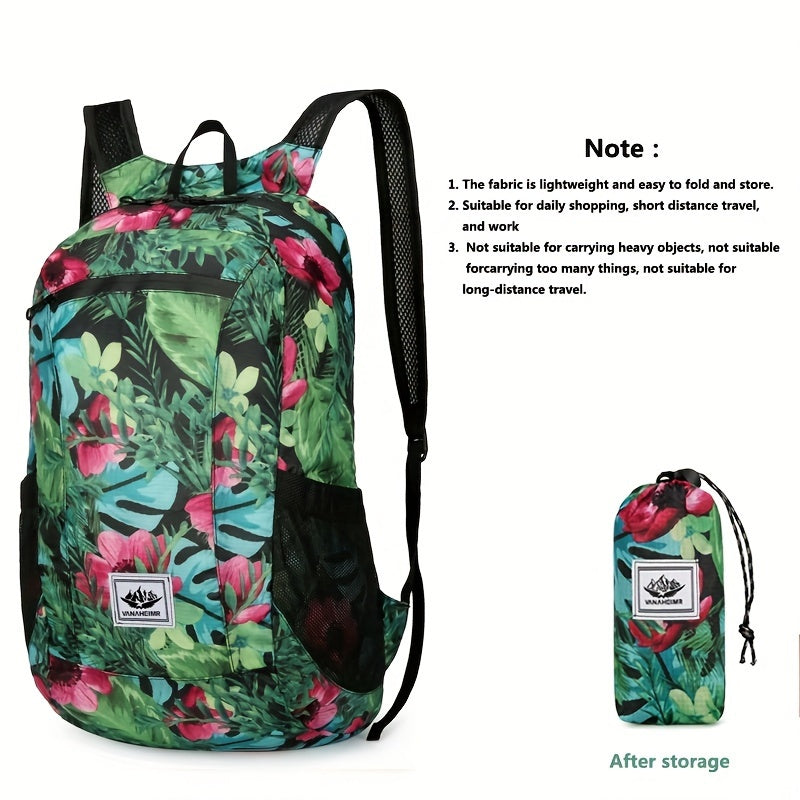 1pc Foldable Waterproof Backpack, Large Capacity Lightweight Printed Sports Bag, Suitable For Outdoor Sports, Riding, Hiking, Camping, Travel