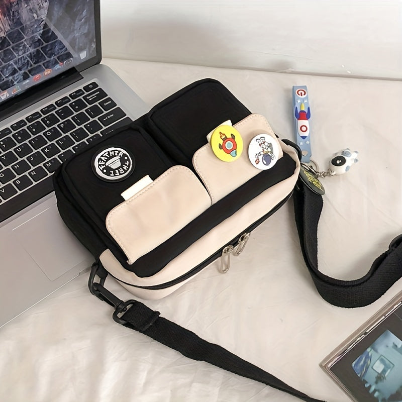 1pc Stylish Men's Campus Square Crossbody Bag - Shoulder Bags with Nylon Fabric, Fashion Badge, and Pendant - Perfect for Daily Use