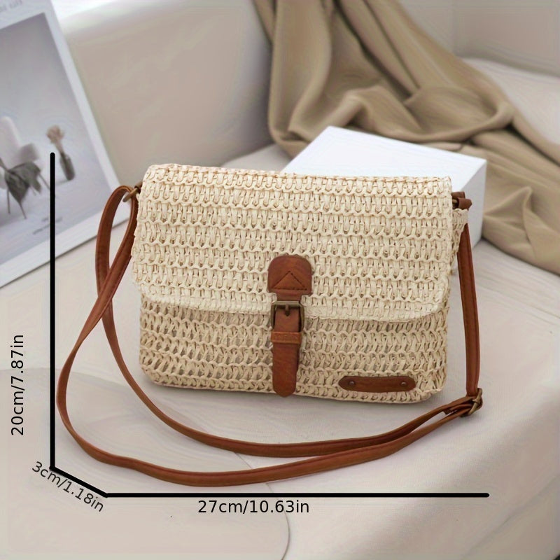 2024 Vintage Woven Crossbody Bag for Women - Braided Fabric Beach Bag with -Like Accents, Casual Summer Travel Bag in Deep Brown &, Polyester Lining & Easy-Access Zipper