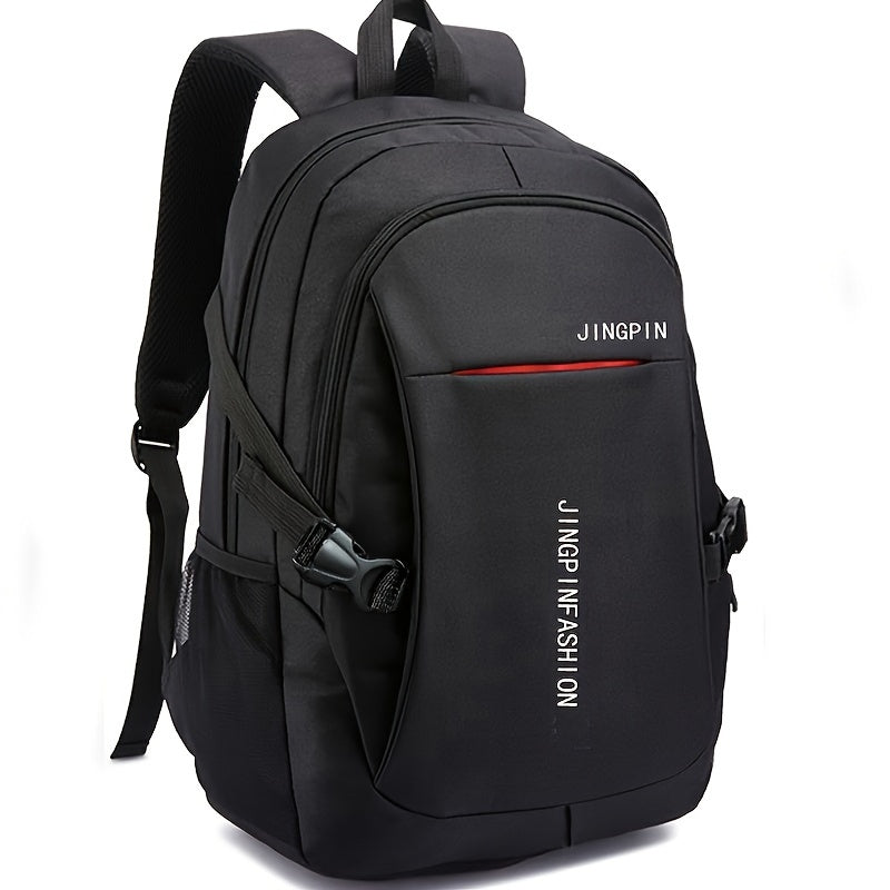 1pc Compact Men'S Nylon Backpack - Large Capacity Travel Bag for Work & College - Durable, Spacious, USB Cable Not Included - Fashionable Casual Style with Metal Puller, High-Quality Buckle, And Mesh Side Pockets - Black, Laptop Backpack, Suitable for Wom