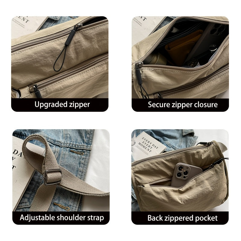 Multi Pockets Cross-body Bag, Nylon Shoulder Bag, Versatile Square Bag for Travel, Daily, Adjustable shoulder straps, anti-theft zipper pocket on the back, solid color, Minimally Designed Multi Layered Khaki Shoulder Bag, Black, Green