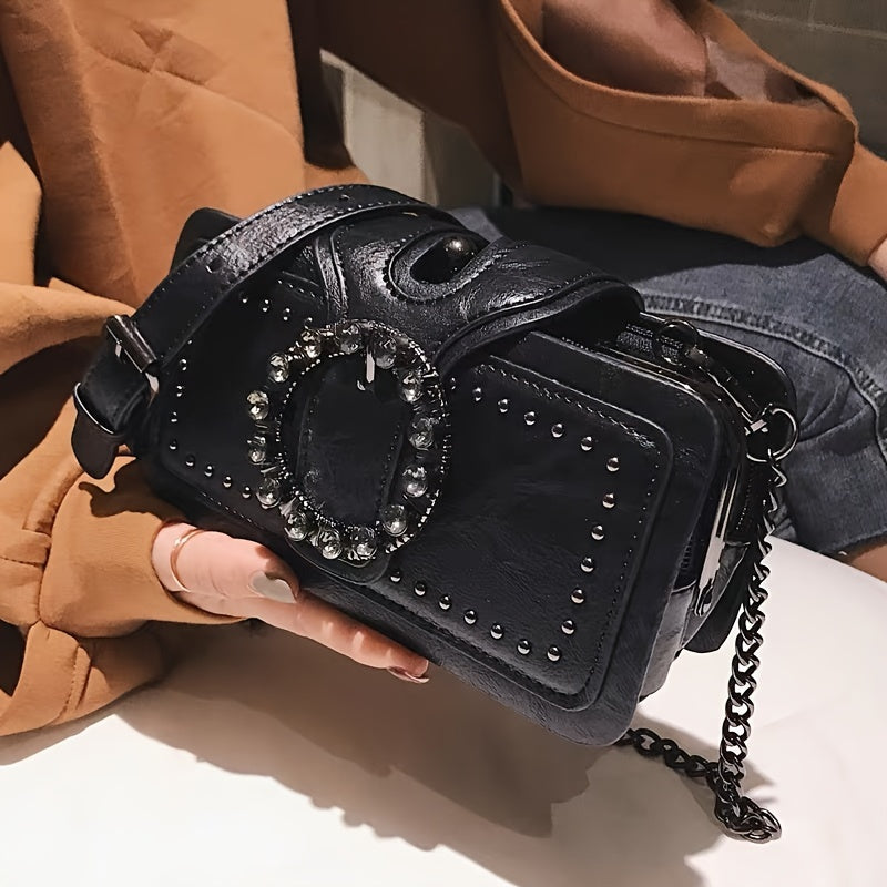 [Studded Crossbody Decor Bag] Retro Studded Decor Crossbody Bag, Women's Small Chain Shoulder Bag, Luxury Buckle Decor Square Purse