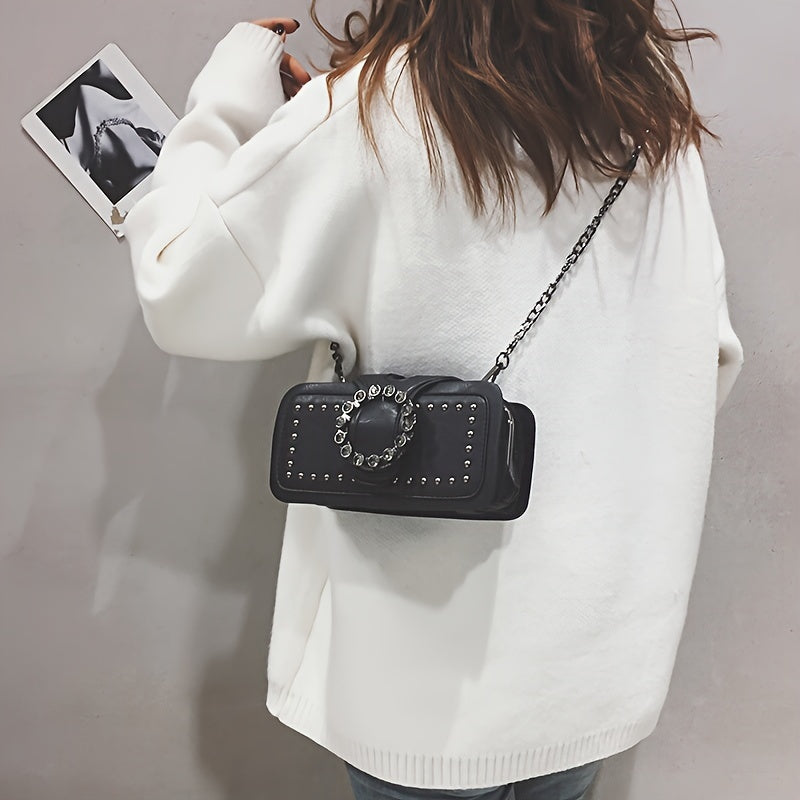 [Studded Crossbody Decor Bag] Retro Studded Decor Crossbody Bag, Women's Small Chain Shoulder Bag, Luxury Buckle Decor Square Purse
