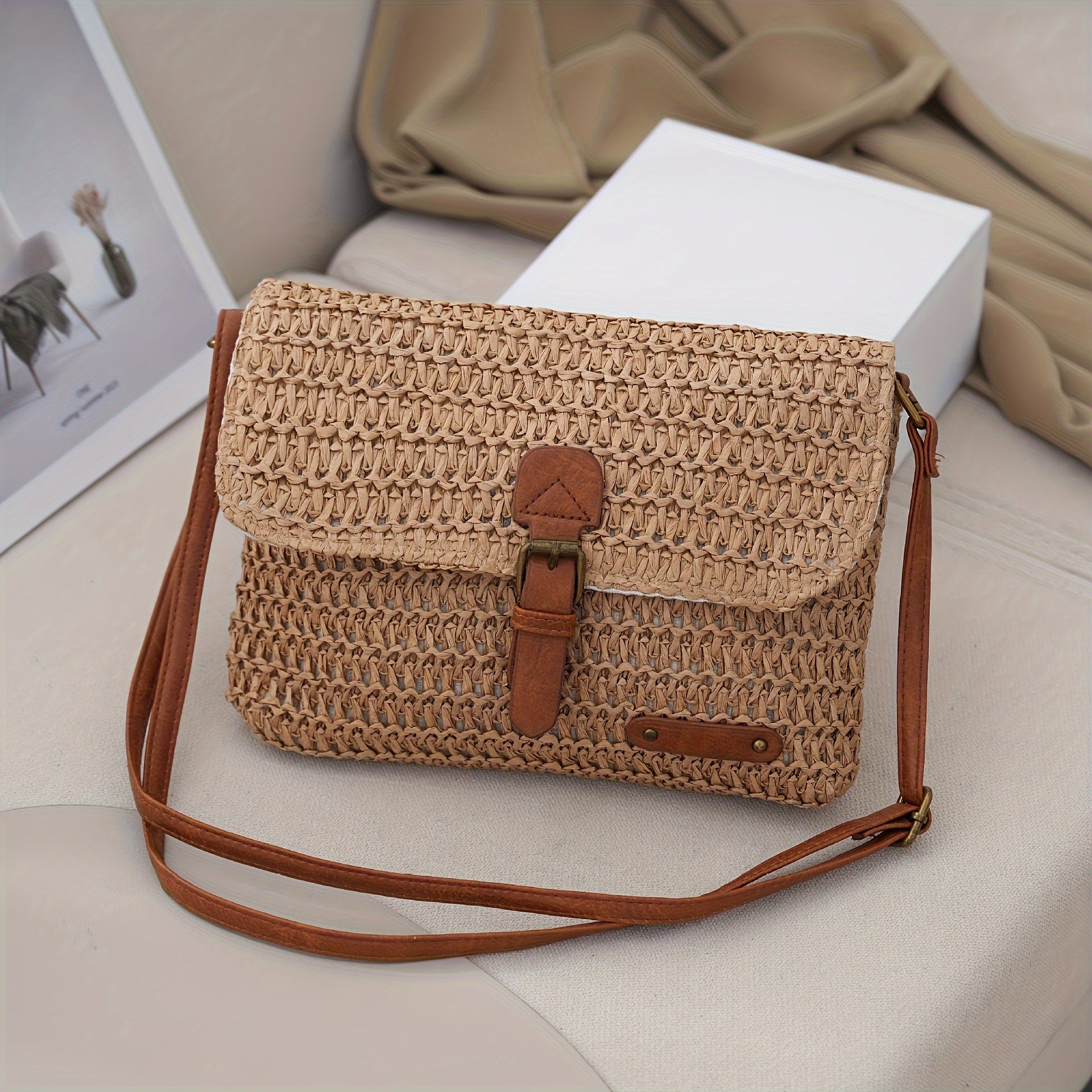 2024 Vintage Woven Crossbody Bag for Women - Braided Fabric Beach Bag with -Like Accents, Casual Summer Travel Bag in Deep Brown &, Polyester Lining & Easy-Access Zipper