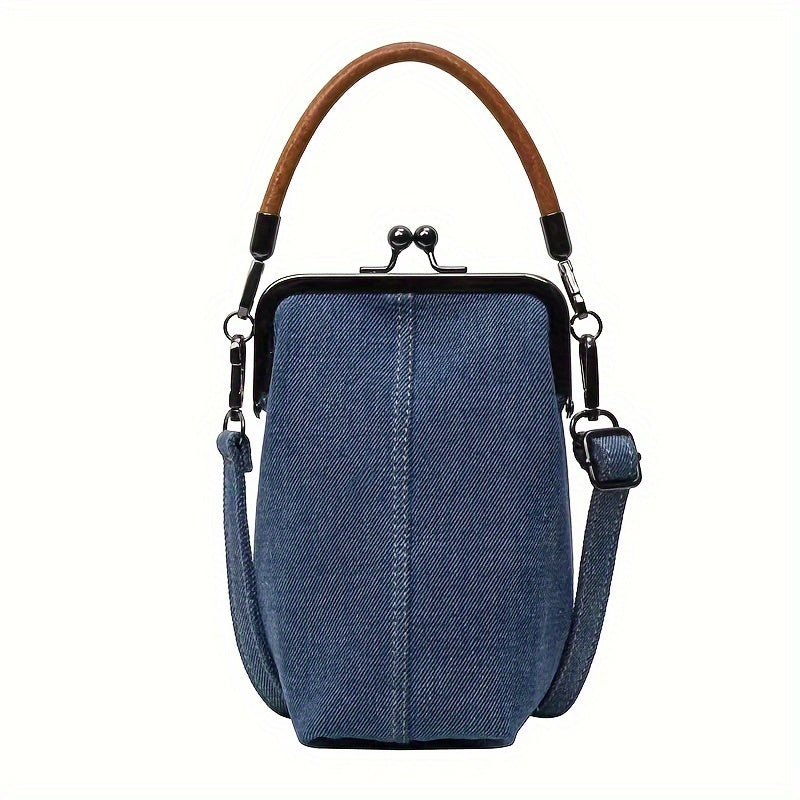 2024 Women's Crossbody Bag with Detachable Strap - Anti-Fade Light Blue/Dark Blue Phone Purse, Kiss Lock Closure & Machine Washable Design for Commuting, Casual Outings & Work