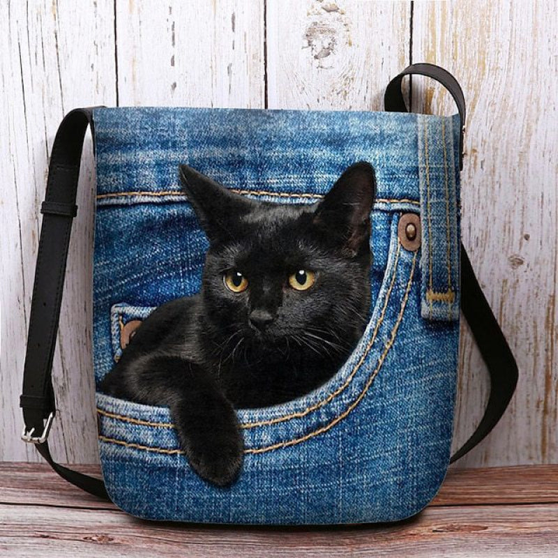 1pc Women's -Style Cat Peeking Pocket Crossbody Bag - Lightweight Polyester Adjustable Strap Shoulder Bag with Magnetic Closure, Light Blue/Red for Everyday Casual Outings
