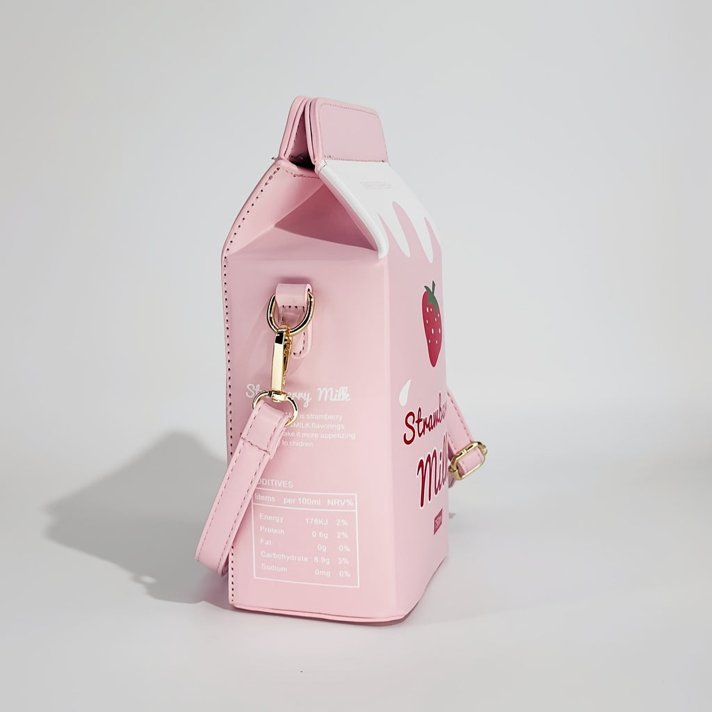 Strawberry Milk Carton Crossbody Bag - Cute Pink PU Shoulder Bag with Adjustable Strap, Zipper Closure, and Playful Cow Print Design for Travel & Everyday Use, Cow Print Purse