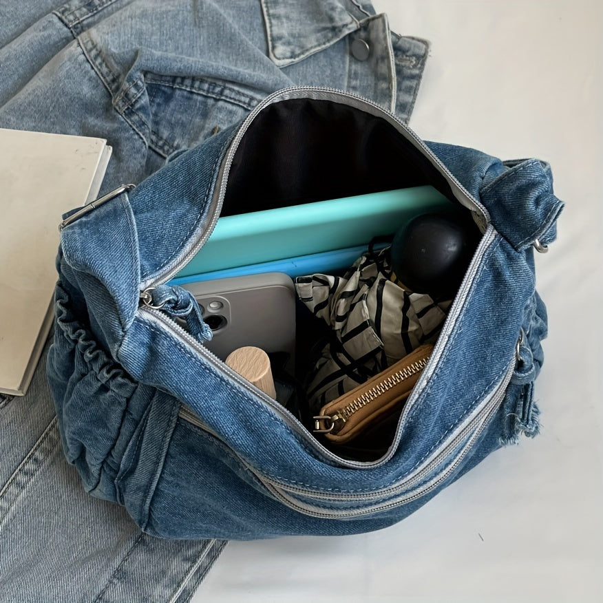 Casual Solid Color Denim Crossbody Bag for Women with Adjustable Strap, Multiple Zip Compartments, Fabric Shoulder Messenger Bag, Practical High-Fashion Design for Daily Use