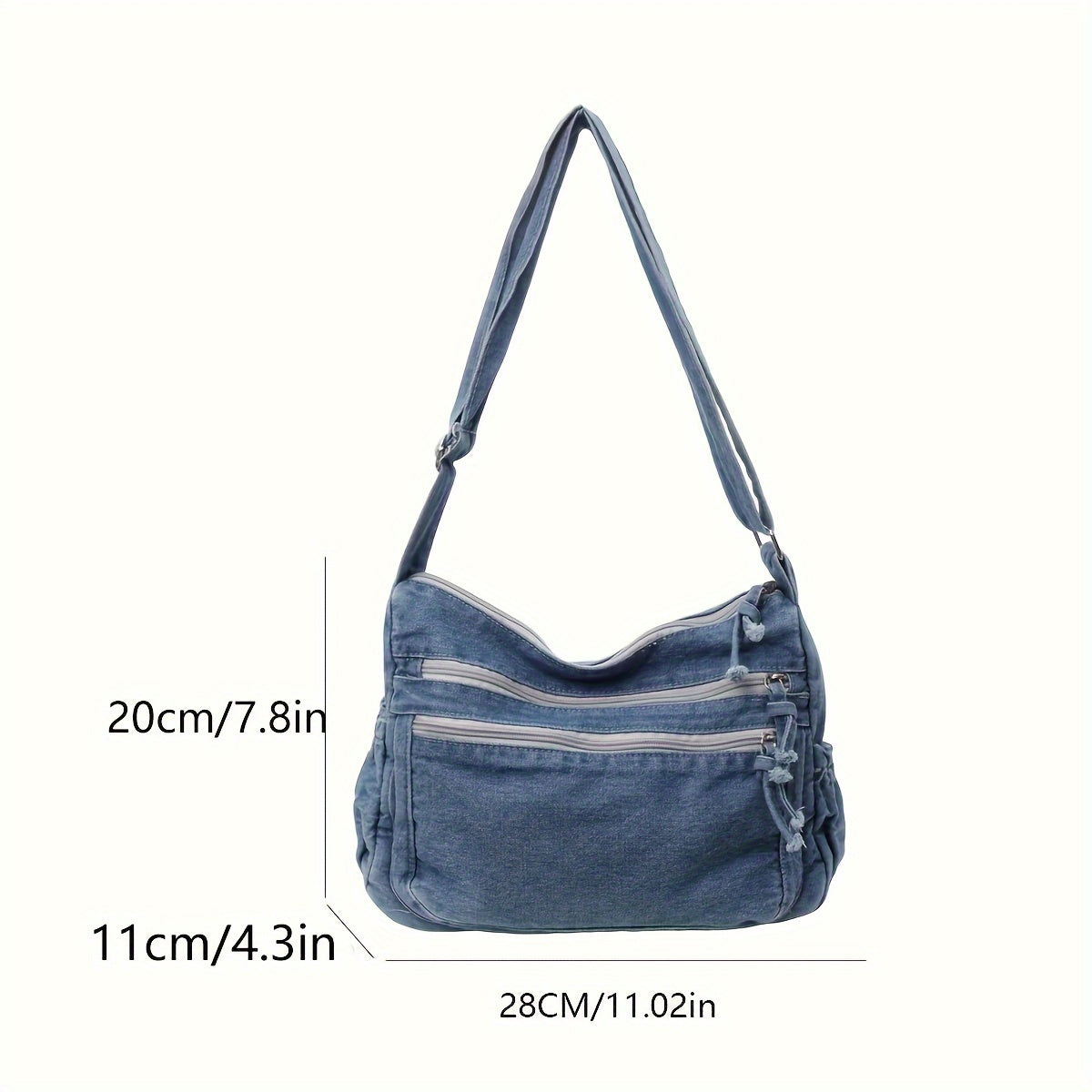 Casual Solid Color Denim Crossbody Bag for Women with Adjustable Strap, Multiple Zip Compartments, Fabric Shoulder Messenger Bag, Practical High-Fashion Design for Daily Use