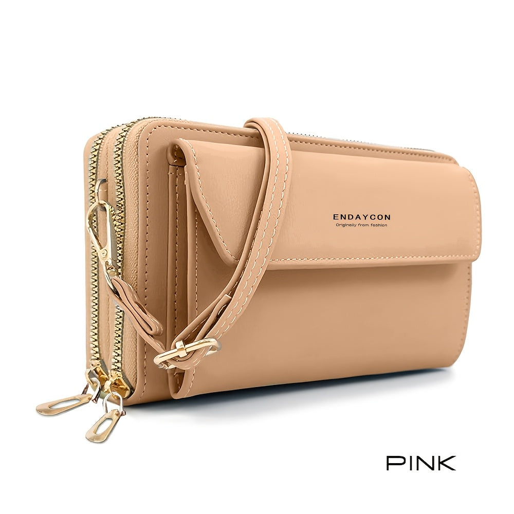 1pc Women's Fashionable Synthetic Leather Crossbody Bag, Large Capacity Multi-Functional Shoulder Purse with Adjustable Strap, Double Zipper Card Holder for Outdoor Shopping and Travel, Wet Wipe Clean, Non-Textile Weaving Method, Polyester Lined, Compact