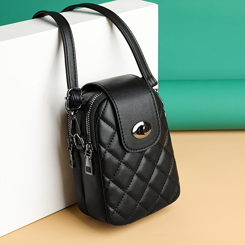 Stylish Black Quilted Crossbody Phone Bag with Anti-Theft Design, Detachable Strap & Multiple Compartments for Women, Phone Purse