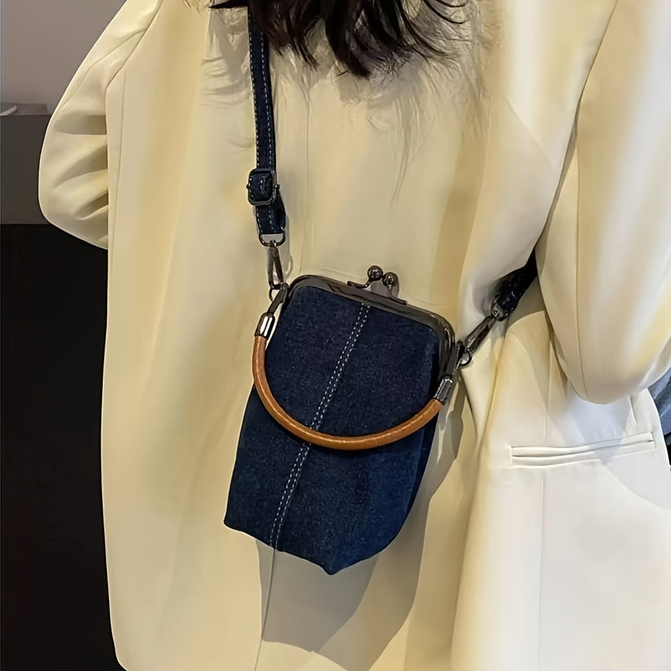 2024 Women's Crossbody Bag with Detachable Strap - Anti-Fade Light Blue/Dark Blue Phone Purse, Kiss Lock Closure & Machine Washable Design for Commuting, Casual Outings & Work