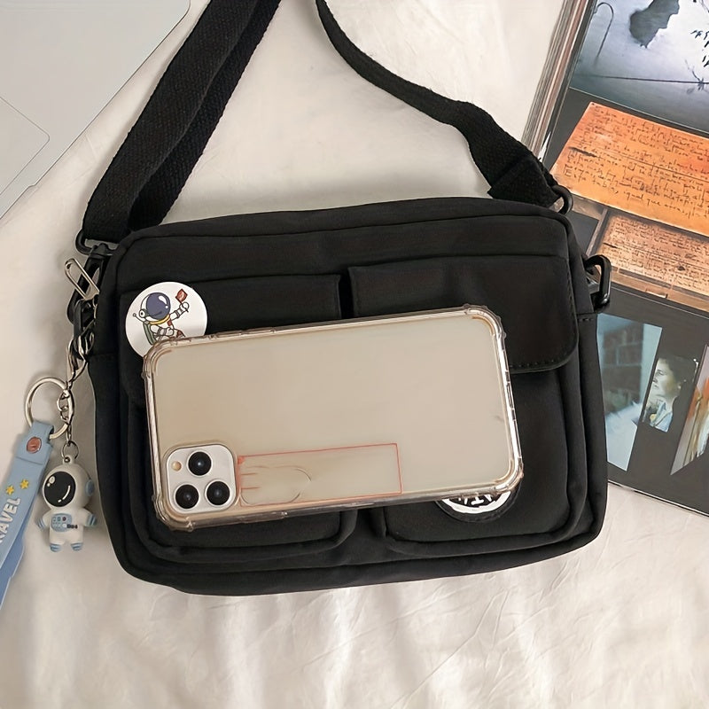 1pc Stylish Men's Campus Square Crossbody Bag - Shoulder Bags with Nylon Fabric, Fashion Badge, and Pendant - Perfect for Daily Use