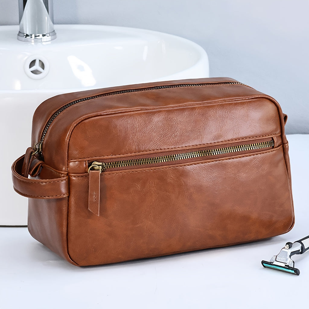 1pc British Style Men's Cosmetic Bag, Men's Travel Toiletry Bag, PU Leather Toiletry Bag, Travel Bathroom Bag, Travel Kit Men's Small Bag, Travel Accessories Shaving Bag For Business Trip, Portable Storage Large Capacity Toiletry Bag Pouch