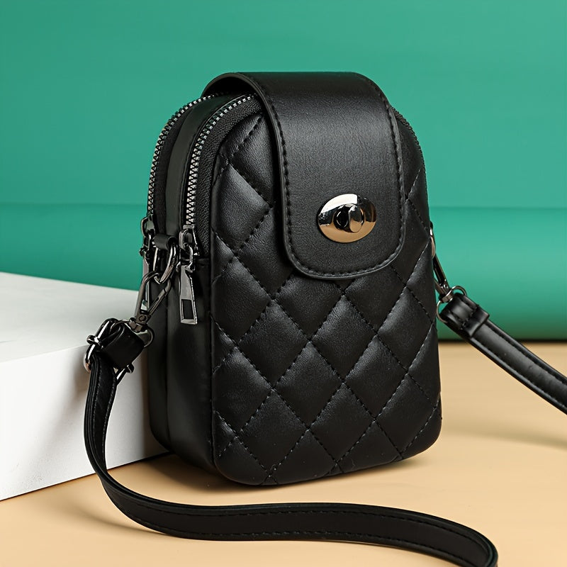Stylish Black Quilted Crossbody Phone Bag with Anti-Theft Design, Detachable Strap & Multiple Compartments for Women, Phone Purse