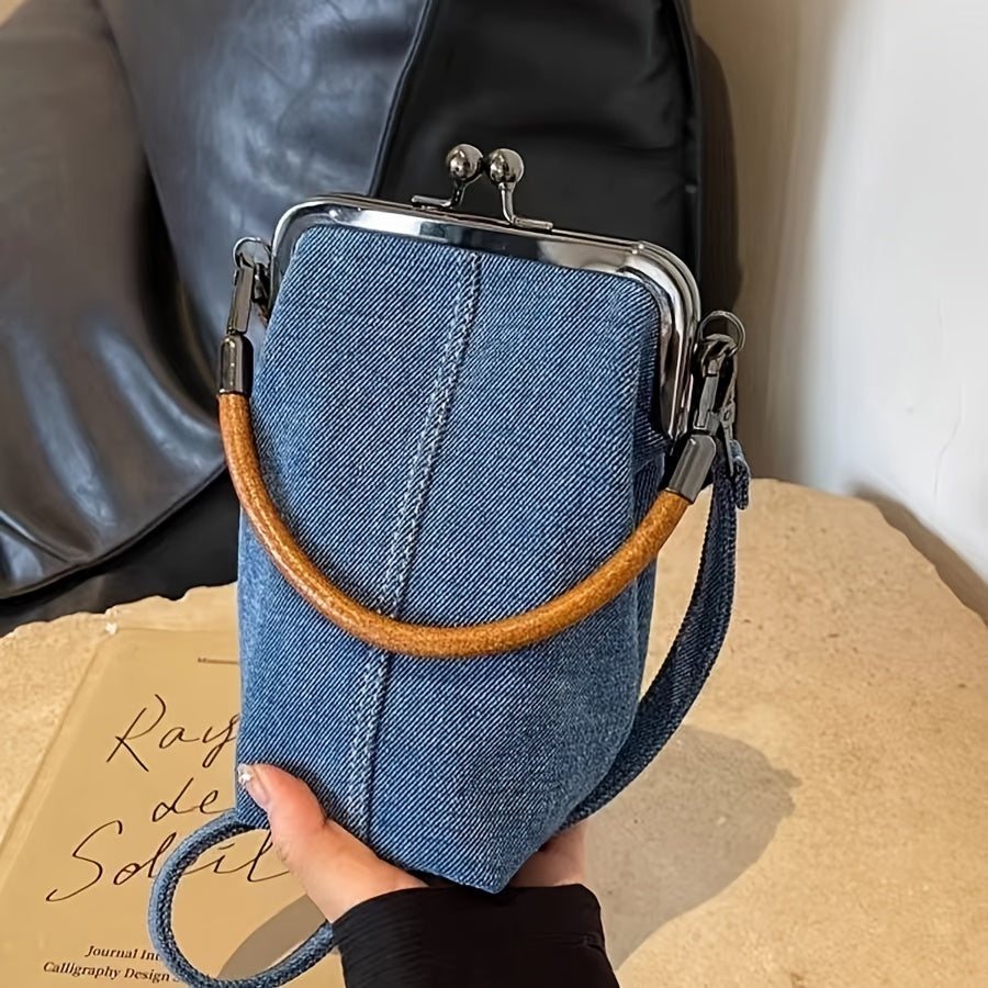 2024 Women's Crossbody Bag with Detachable Strap - Anti-Fade Light Blue/Dark Blue Phone Purse, Kiss Lock Closure & Machine Washable Design for Commuting, Casual Outings & Work