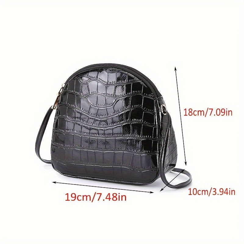 Women'S Glam Mini Crossbody Bag, Shell Pattern, Solid Color, Lightweight with Adjustable Strap, Zipper Closure, Polyester Lined, Edge Paint Detail, No Printing - Black