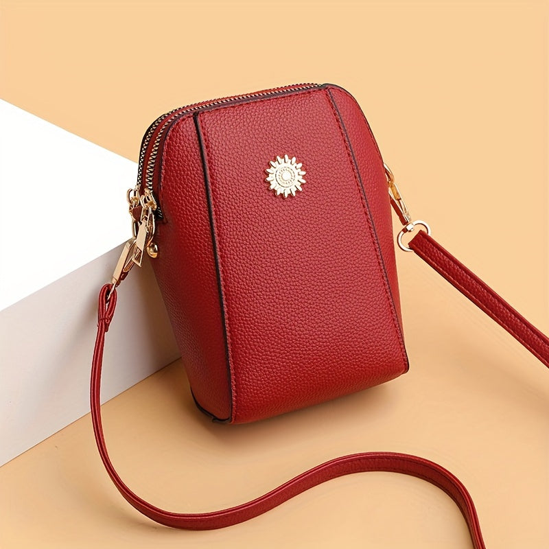 1pc of Retro Solid Color PU Hardware Decoration Multi-Compartment Simple Messenger Bag Mobile Phone Bag Wallet Suitable for Women'S Daily Use