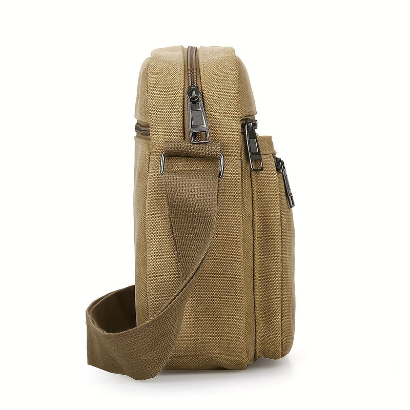 2024 New Men's Casual Crossbody Bag - Adjustable Strap (1.3m), Multiple Zippered Compartments, Durable Canvas, Khaki - Versatile for Daily Commute & Casual Outings, Crossbody Purse, Stylish Snap Button