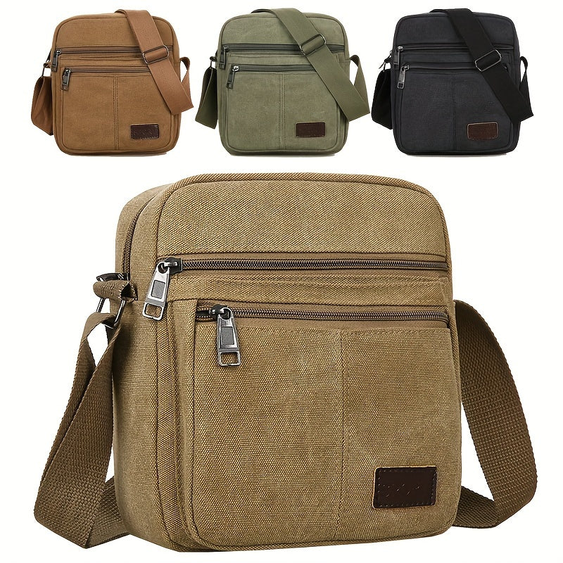 2024 New Men's Casual Crossbody Bag - Adjustable Strap (1.3m), Multiple Zippered Compartments, Durable Canvas, Khaki - Versatile for Daily Commute & Casual Outings, Crossbody Purse, Stylish Snap Button