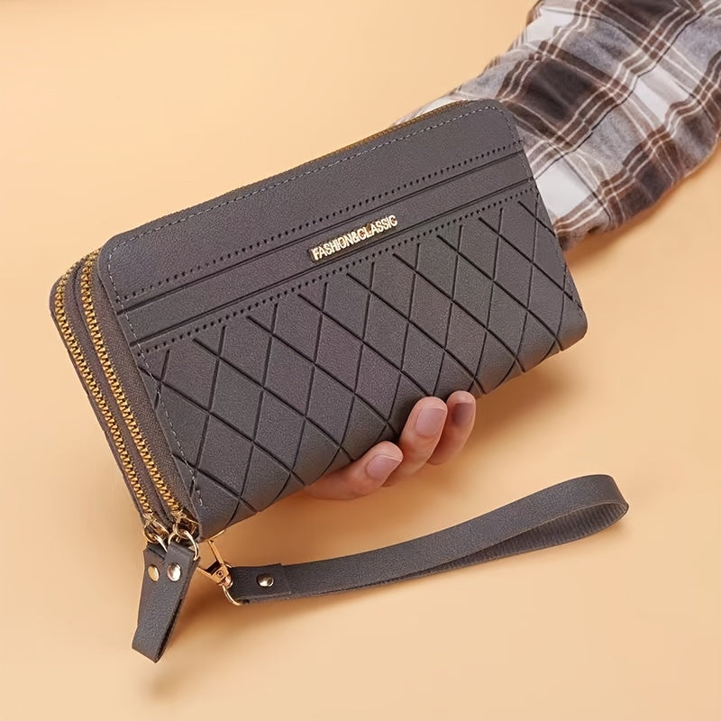 2023 Chic Black Diamond-Quilted Long Wallet with Wrist Strap, Double Zipper Closure, Large Capacity Phone Pocket & Multiple Card Slots - Synthetic Leather