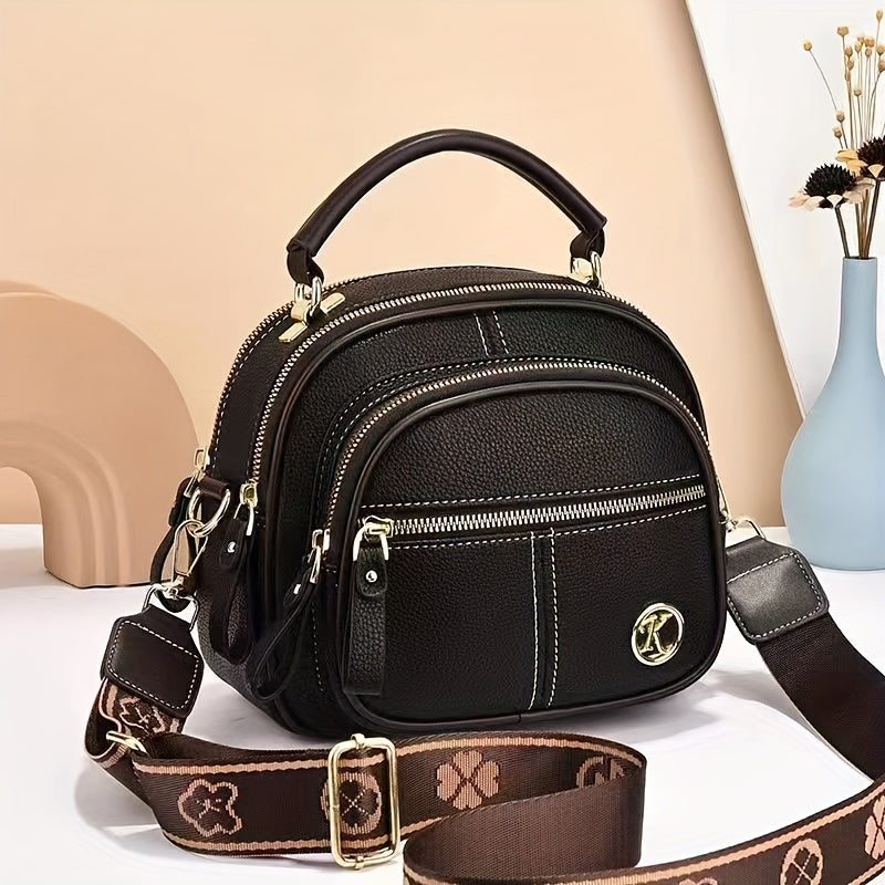 1pc Fashionable Round Crossbody Bag for Women, Multi-Layer Large Capacity, Solid Color Shoulder Handbag with Zipper Closure and Polyester Lining, Versatile 2024 New Arrival