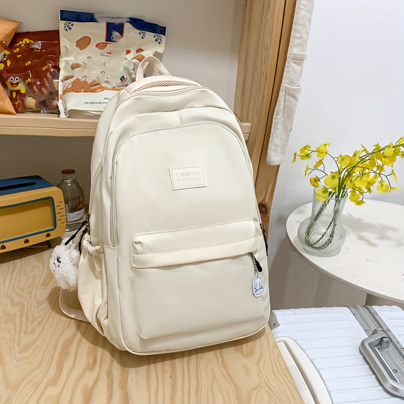 2025 New College-Style Nylon Backpack, Large Capacity for Laptops & Travel, with Adjustable Straps, Zip Closure, Polyester Lining, Edge Paint Free - Available in White, Black, Blue, Green, Backpack for Travel