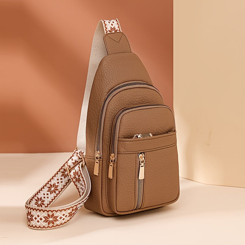 1pc, Women's Retro Casual Chest Bag, Crossbody Sling Shoulder Purse, Multiple Pockets, Solid Color, Zipper Closure, Fashionable Spacious Occasion Bag, PU Material
