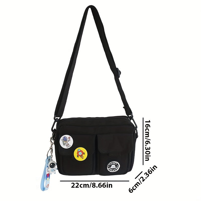 1pc Stylish Men's Campus Square Crossbody Bag - Shoulder Bags with Nylon Fabric, Fashion Badge, and Pendant - Perfect for Daily Use