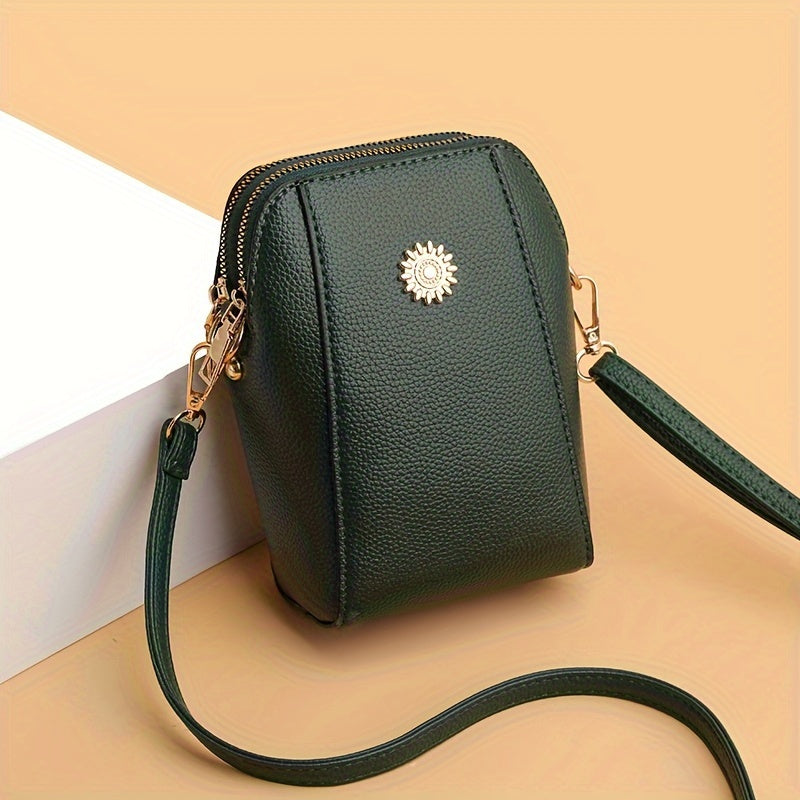 1pc of Retro Solid Color PU Hardware Decoration Multi-Compartment Simple Messenger Bag Mobile Phone Bag Wallet Suitable for Women'S Daily Use