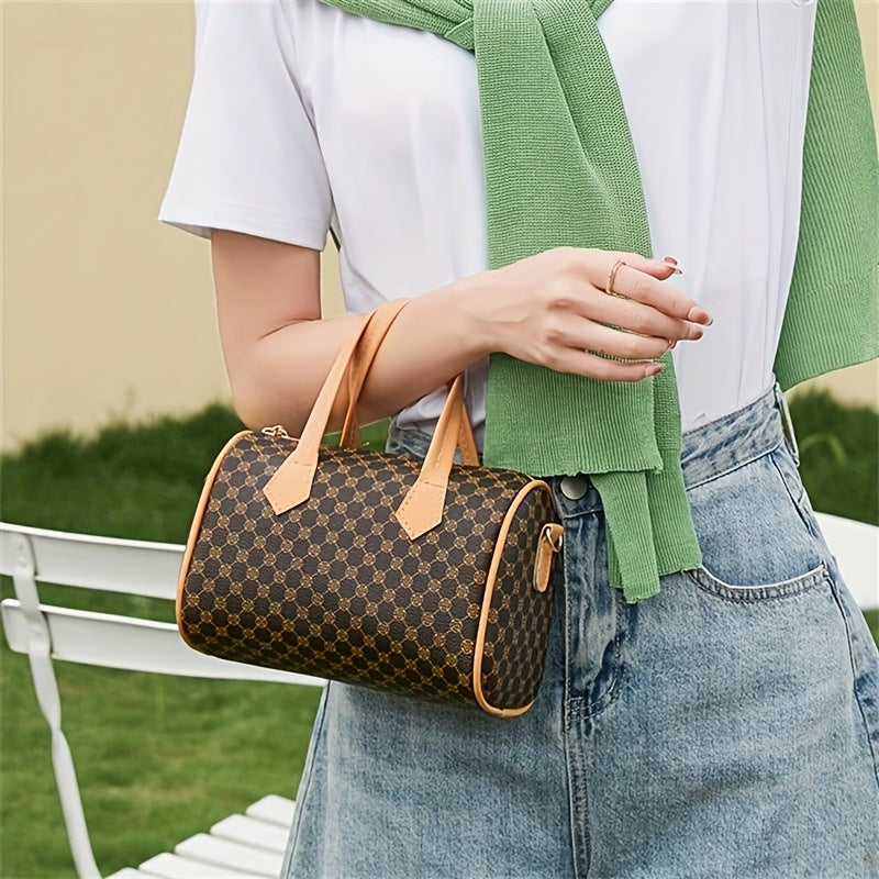 1pc Vintage Style Color-Block Plaid Print Pillow-Shaped Handbag - Durable Synthetic Leather Women's Adjustable Shoulder & Crossbody Phone Bag with Zipper Closure, Polyester Lining for Outdoors, Camping, Travel, Daily Use, Vintage Handbag, Sturdy Handle Co